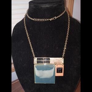 Enamel Green Browns Gold Tone Vintage Necklace. Long. Geometric.